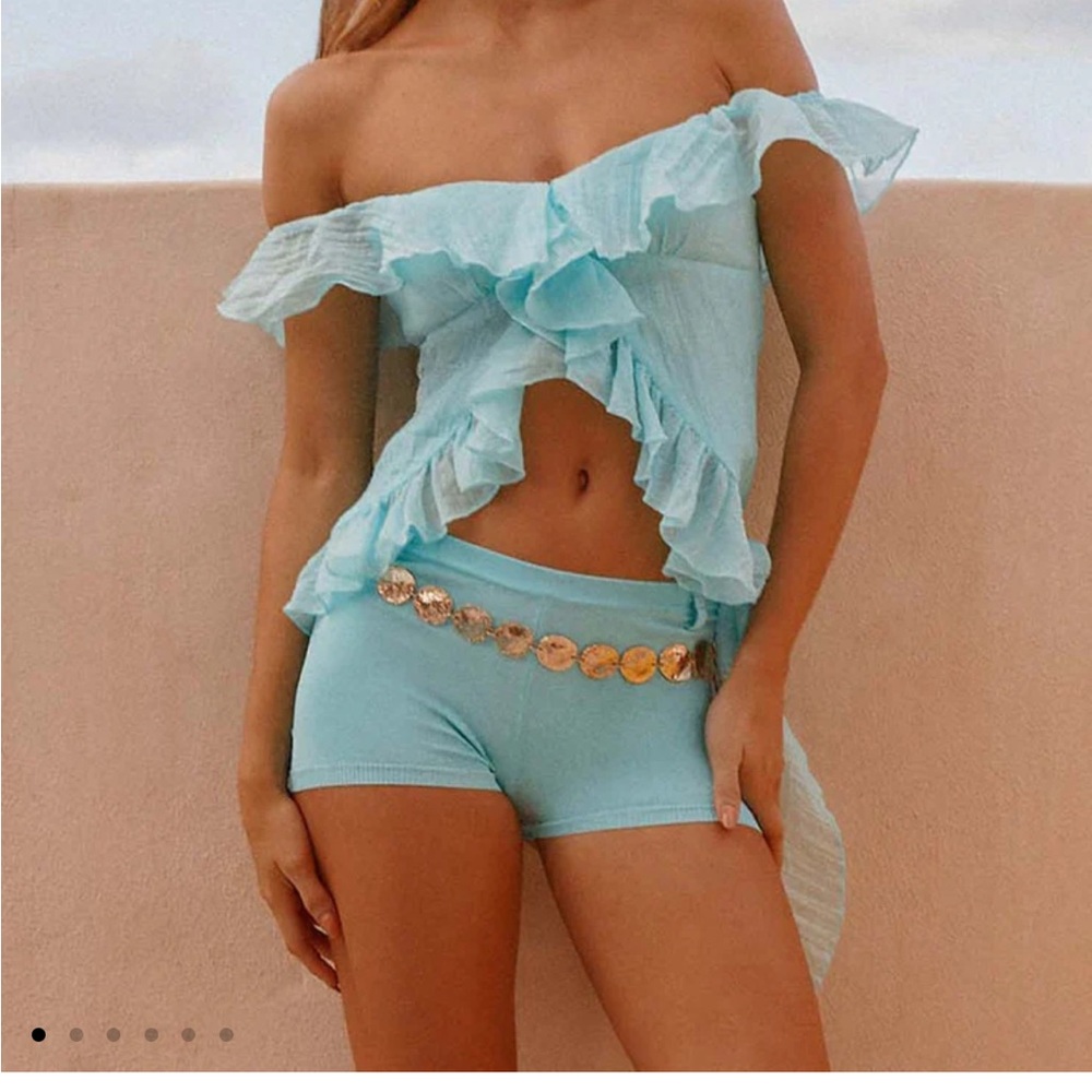 Peppermayo Light Blue Ruffle Off-Shoulder Top